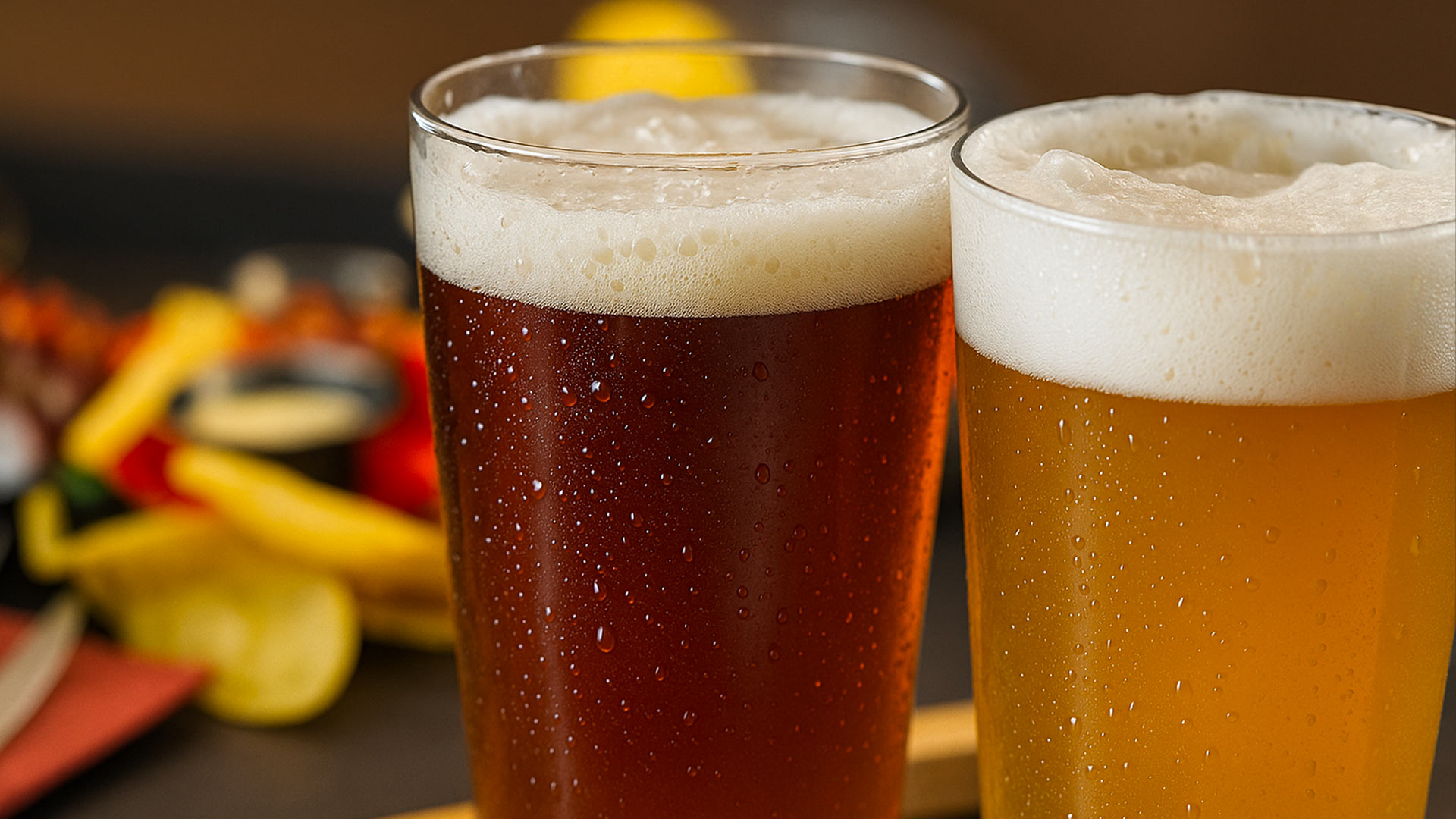 Due birre artigianali Torre in Pietra, una chiara e una ambrata, pronte da gustare. In sottofondo, un burger gourmet con chips croccanti. Un momento perfetto di gusto e relax.