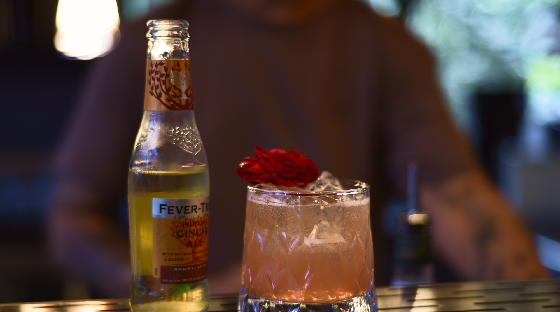 Un bicchiere basso in vetro lavorato, riempito con ghiaccio e una miscela rosata. Guarnizione floreale rossa in superficie. Accanto, una bottiglietta di Fever-Tree Ginger Ale aperta. L’inquadratura mette in primo piano il drink, con lo sfondo sfocato e il bartender sullo sfondo.