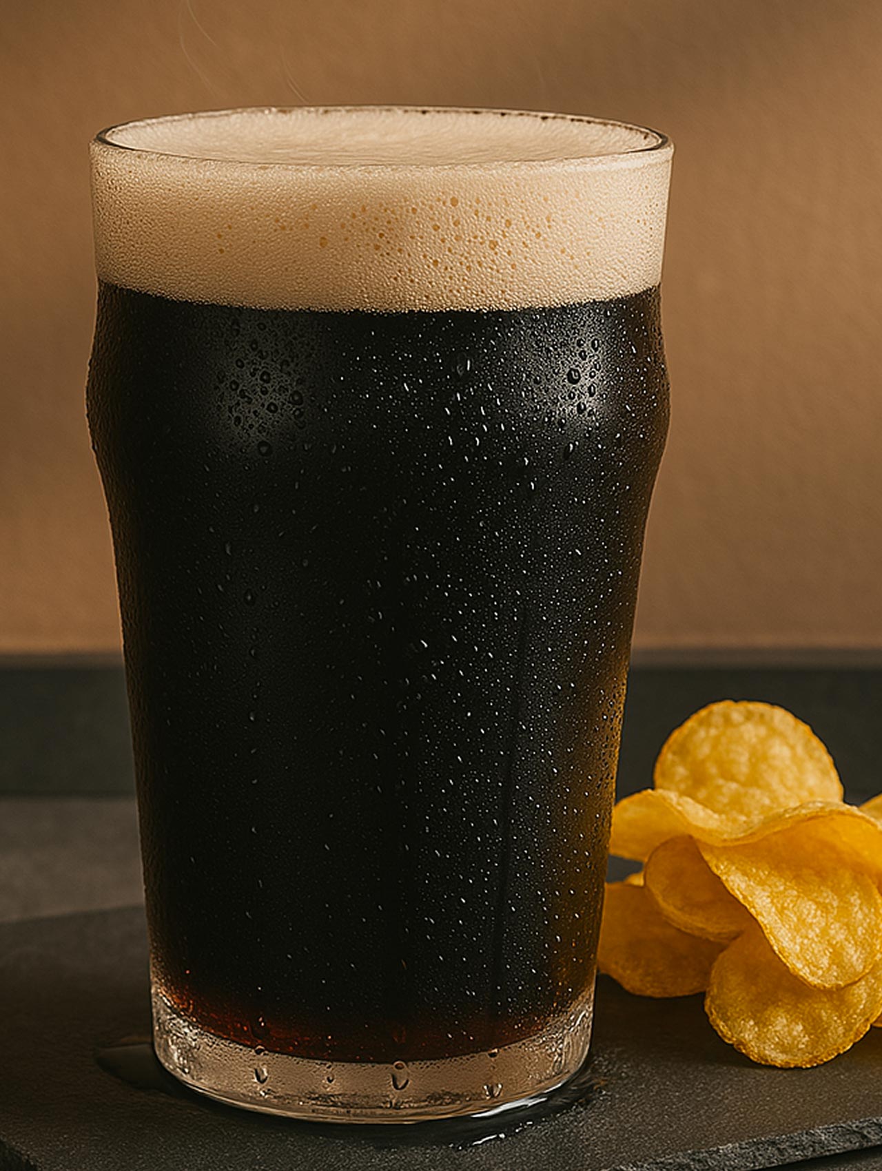 Birra scura dal corpo intenso e schiuma compatta, servita fredda con gocce di condensa sul bicchiere. Accanto, chips dorate pronte a fare da contorno croccante. Un’accoppiata semplice ma irresistibile.