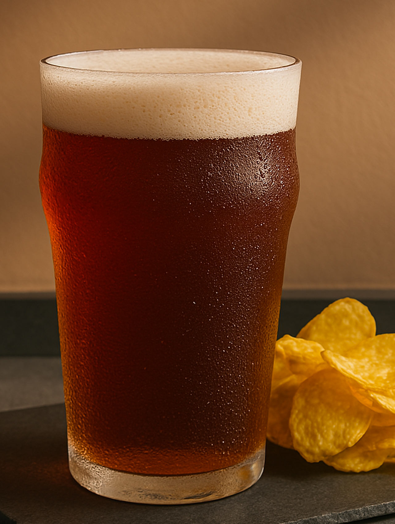 Birra chiara dal corpo intenso e schiuma compatta, servita fredda con gocce di condensa sul bicchiere. Accanto, chips dorate pronte a fare da contorno croccante. Un’accoppiata semplice ma irresistibile.
